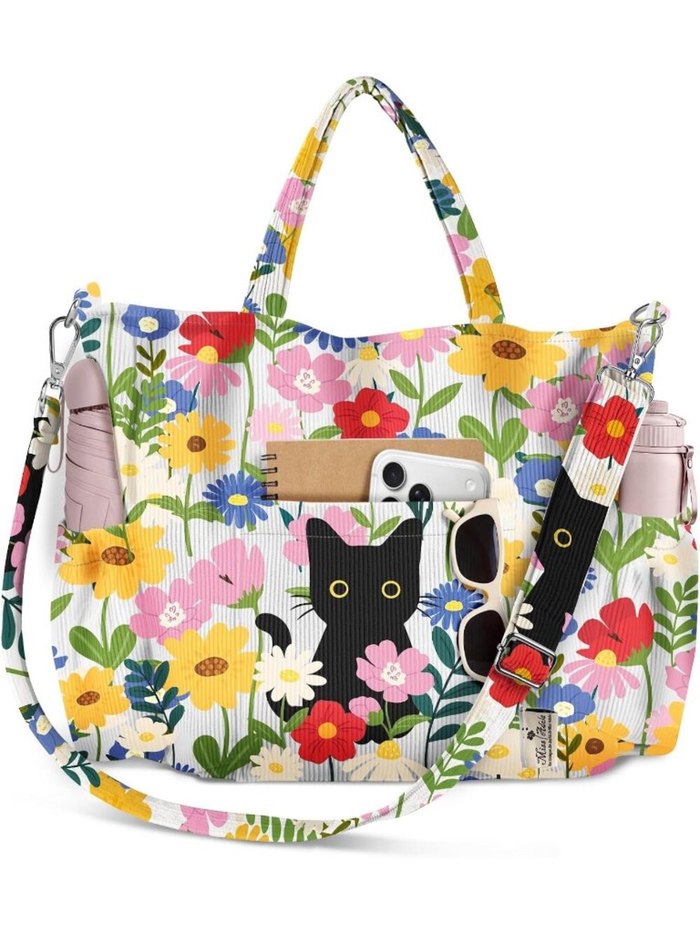 Women's Cat & Flowers Corduroy Crossbody Tote Multi Pocket Travel Bag